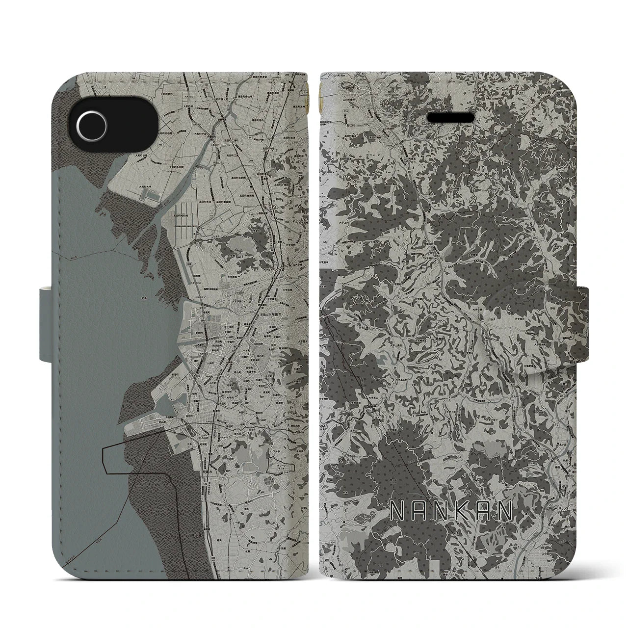 【南関(熊本県)】地図柄iPhoneケース(手帳タイプ)モノトーン・iPhone SE(第3 / 第2世代) / 8 / 7 / 6s / 6 用