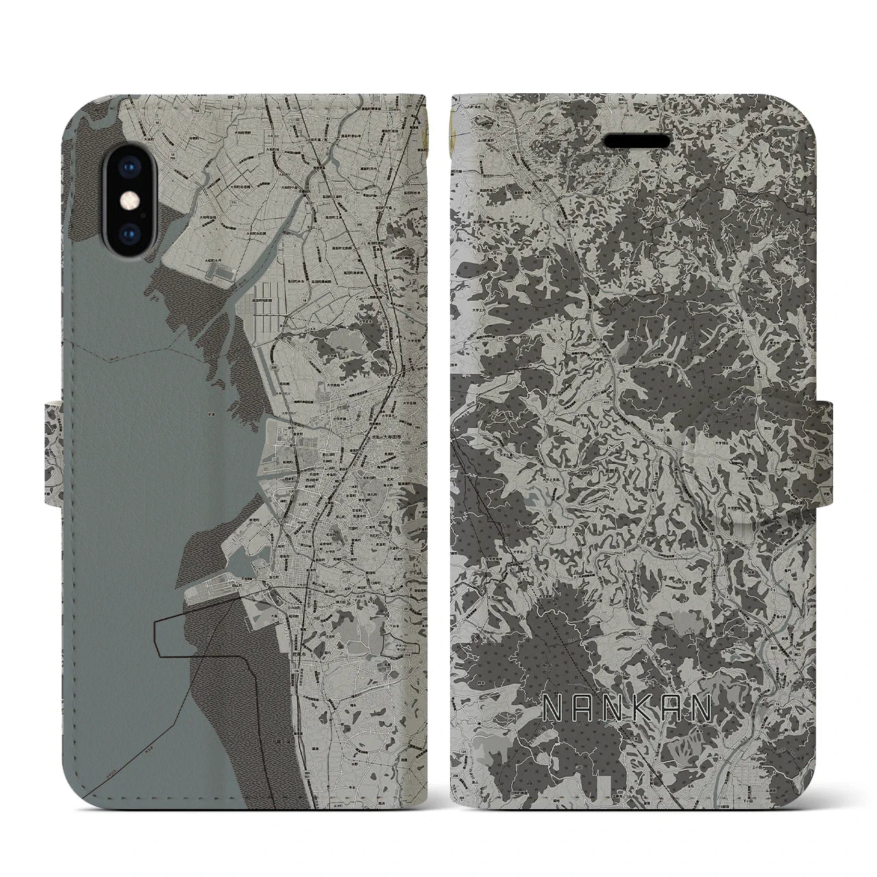 【南関(熊本県)】地図柄iPhoneケース(手帳タイプ)モノトーン・iPhone XS / X 用