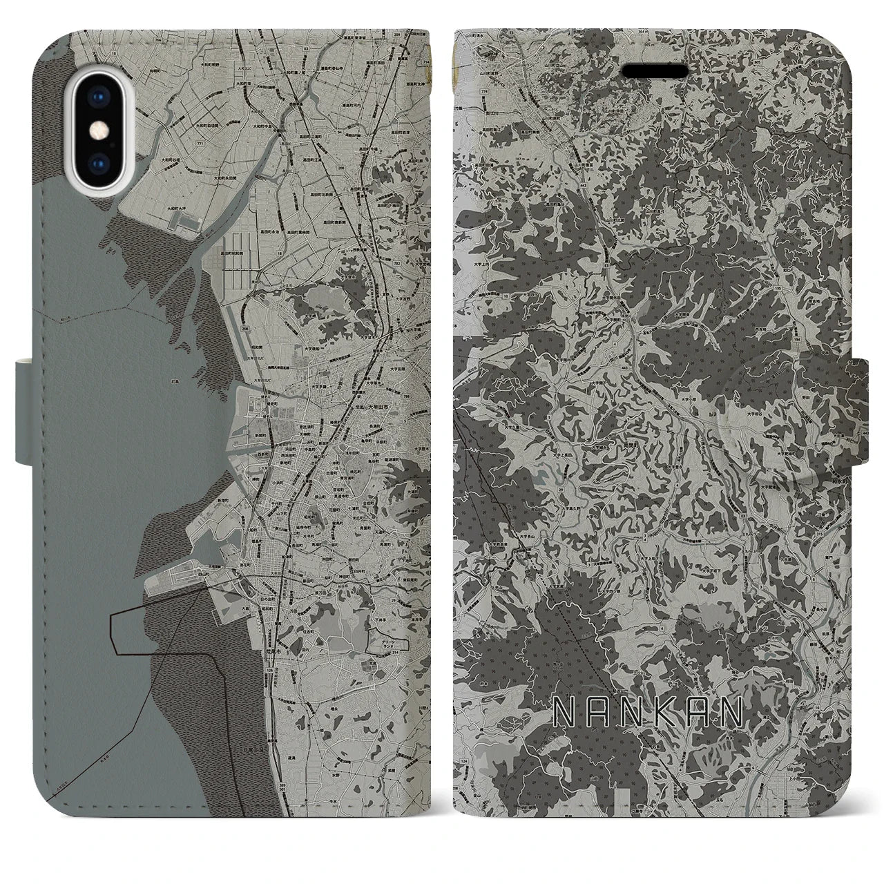 【南関(熊本県)】地図柄iPhoneケース(手帳タイプ)モノトーン・iPhone XS Max 用