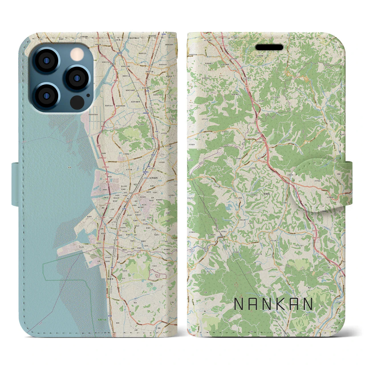 【南関(熊本県)】地図柄iPhoneケース(手帳タイプ)ナチュラル・iPhone 12 / 12 Pro 用