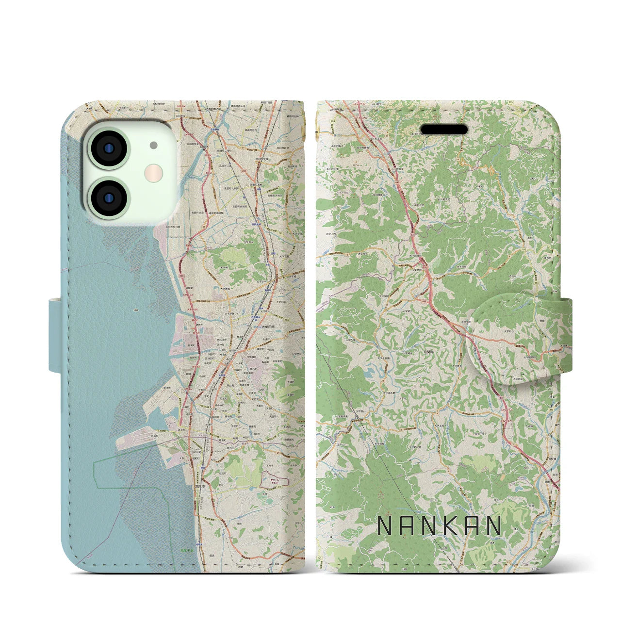 【南関(熊本県)】地図柄iPhoneケース(手帳タイプ)ナチュラル・iPhone 12 mini 用