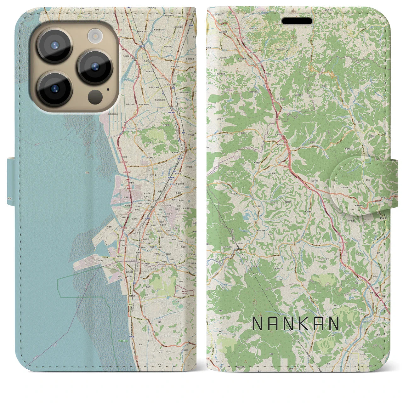 【南関(熊本県)】地図柄iPhoneケース(手帳タイプ)ナチュラル・iPhone 14 Pro Max 用