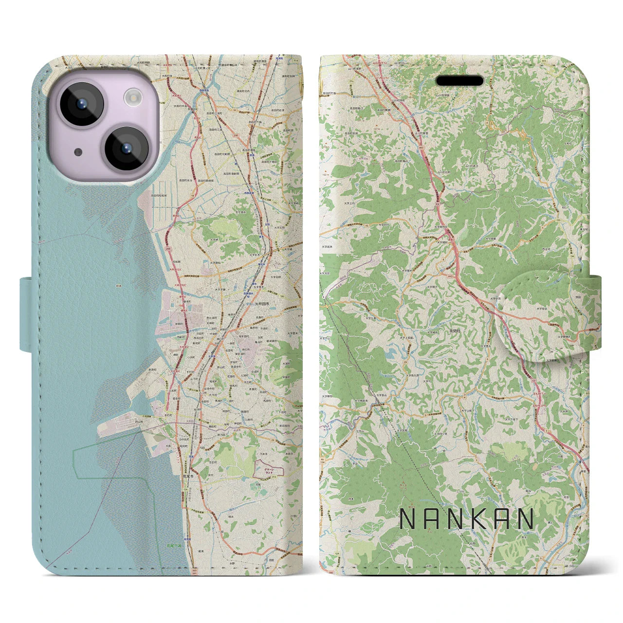 【南関(熊本県)】地図柄iPhoneケース(手帳タイプ)ナチュラル・iPhone 14 用