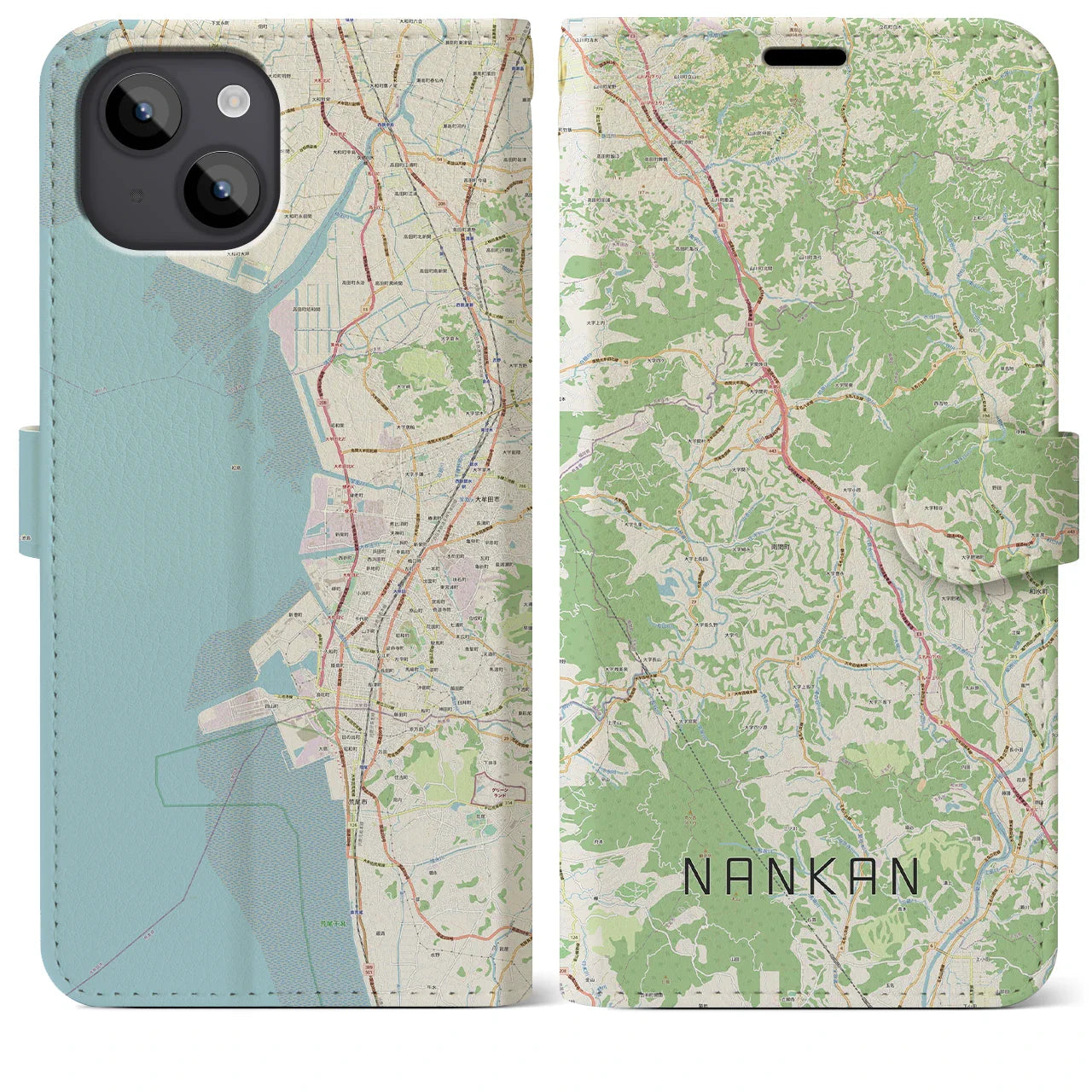 【南関(熊本県)】地図柄iPhoneケース(手帳タイプ)ナチュラル・iPhone 14 Plus 用