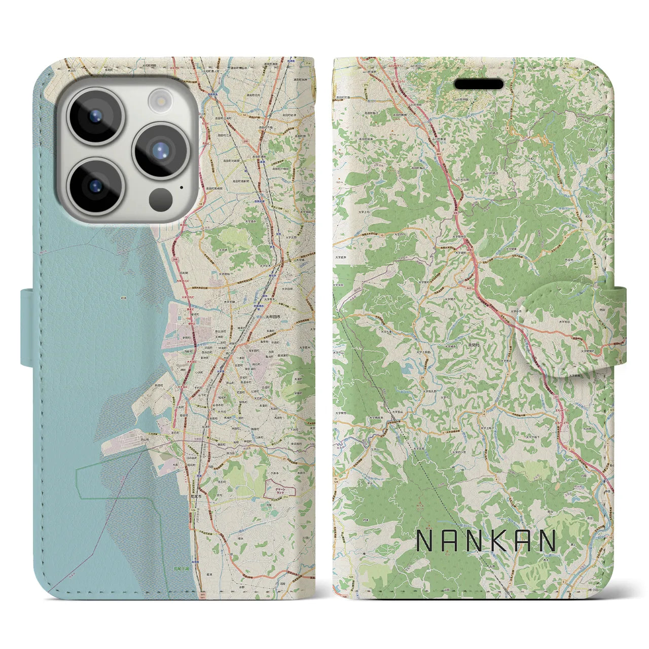 【南関(熊本県)】地図柄iPhoneケース(手帳タイプ)ナチュラル・iPhone 15 Pro 用