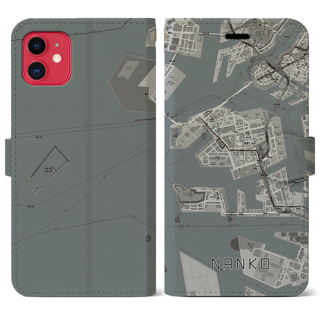 【南港(大阪府)】地図柄iPhoneケース(手帳タイプ)モノトーン・iPhone 11 用