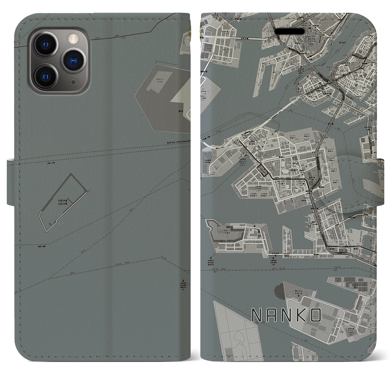 【南港(大阪府)】地図柄iPhoneケース(手帳タイプ)モノトーン・iPhone 11 Pro Max 用