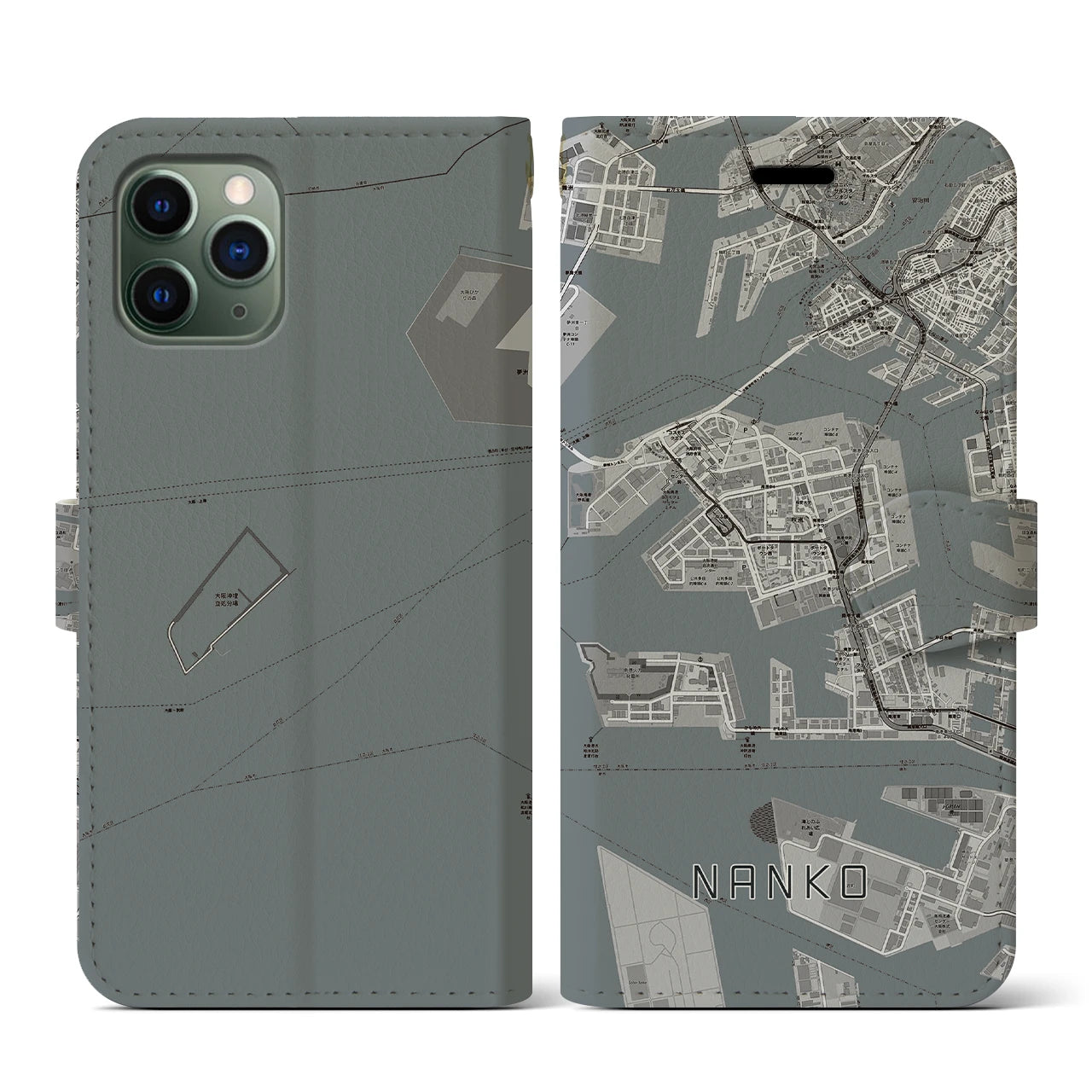 【南港(大阪府)】地図柄iPhoneケース(手帳タイプ)モノトーン・iPhone 11 Pro 用