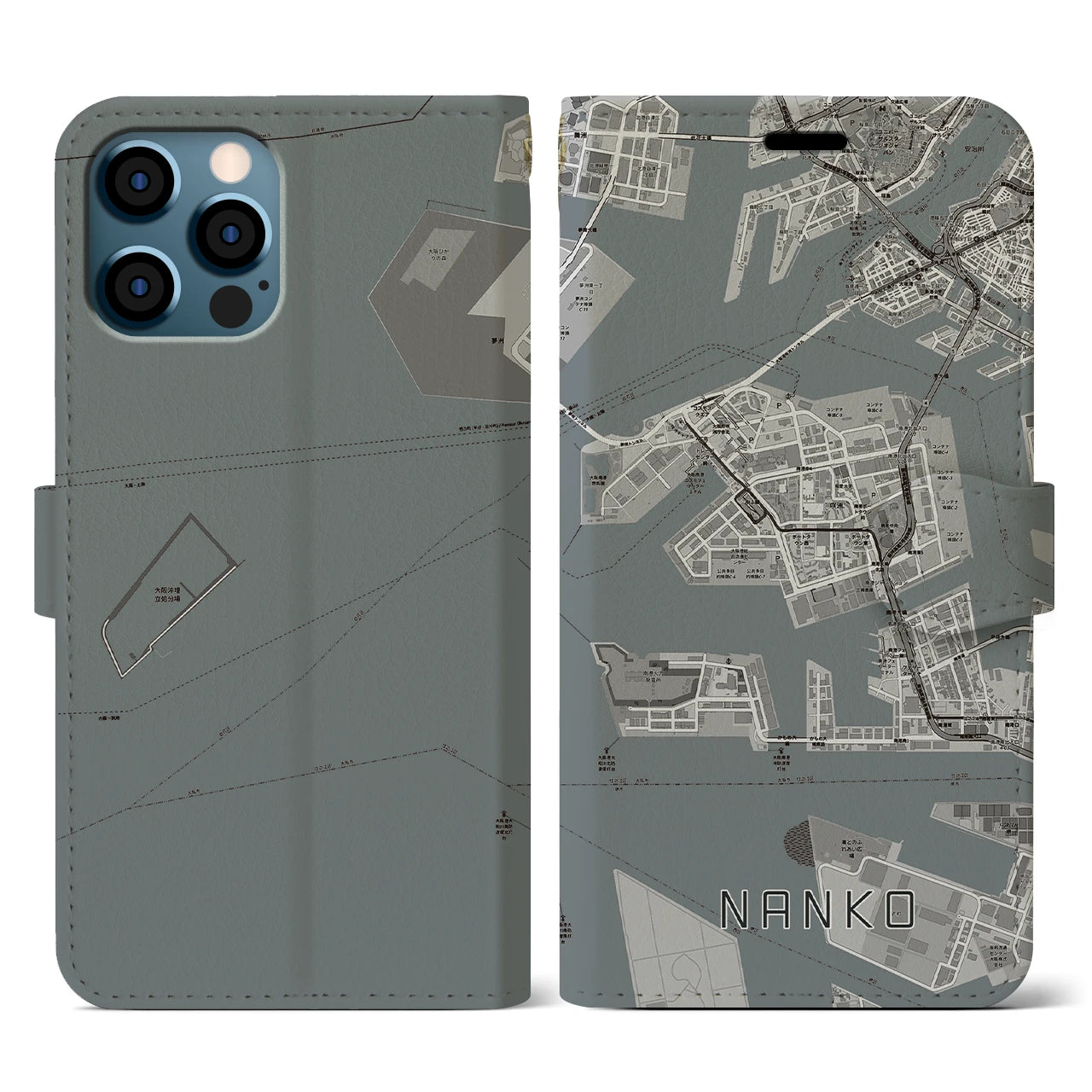 【南港(大阪府)】地図柄iPhoneケース(手帳タイプ)モノトーン・iPhone 12 / 12 Pro 用