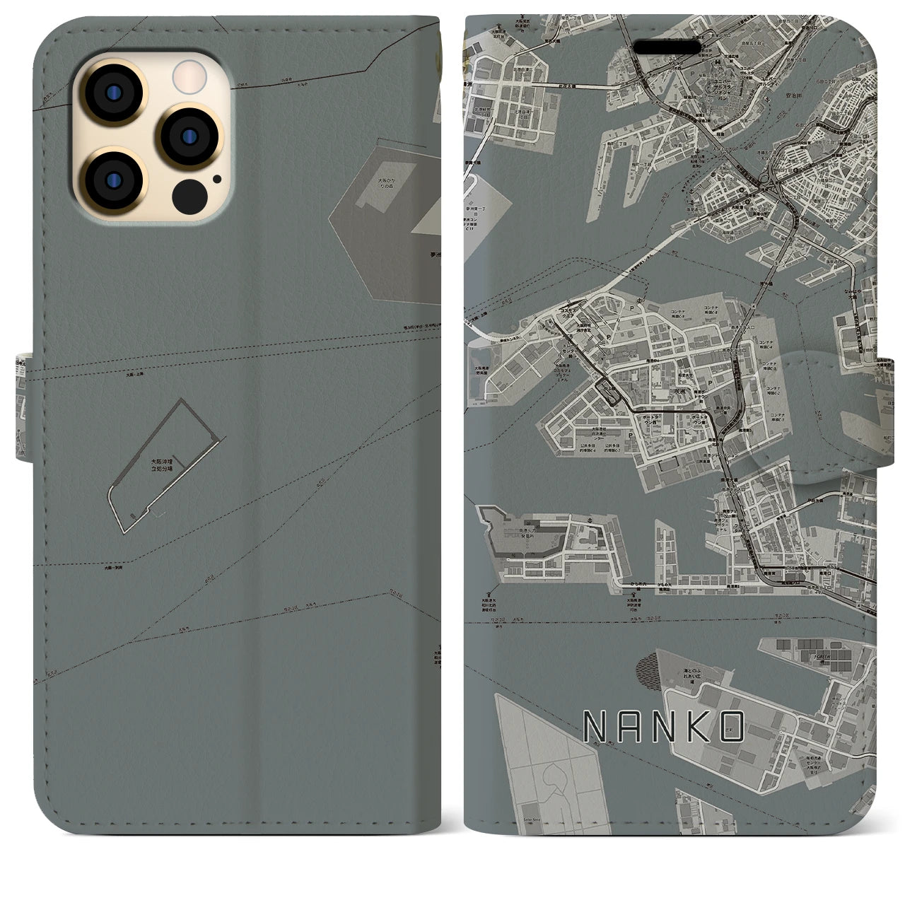 【南港(大阪府)】地図柄iPhoneケース(手帳タイプ)モノトーン・iPhone 12 Pro Max 用