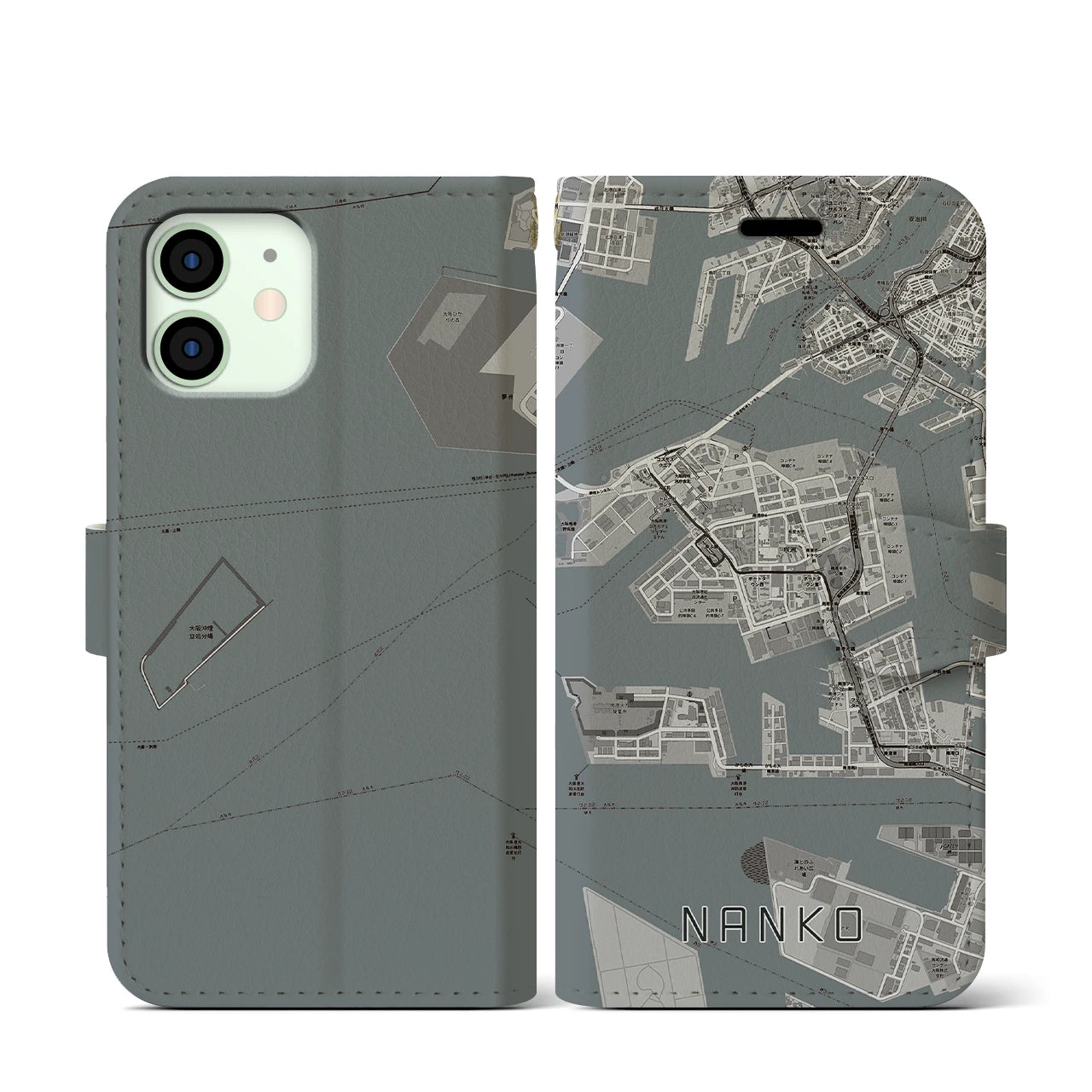 【南港(大阪府)】地図柄iPhoneケース(手帳タイプ)モノトーン・iPhone 12 mini 用
