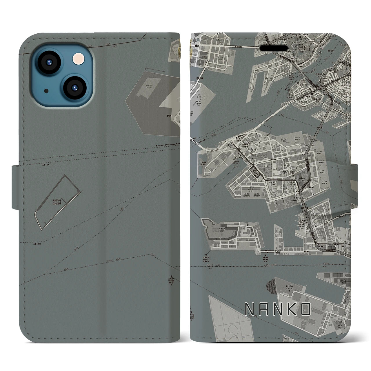 【南港(大阪府)】地図柄iPhoneケース(手帳タイプ)モノトーン・iPhone 13 用