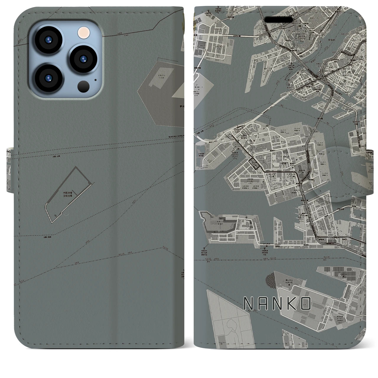 【南港(大阪府)】地図柄iPhoneケース(手帳タイプ)モノトーン・iPhone 13 Pro Max 用