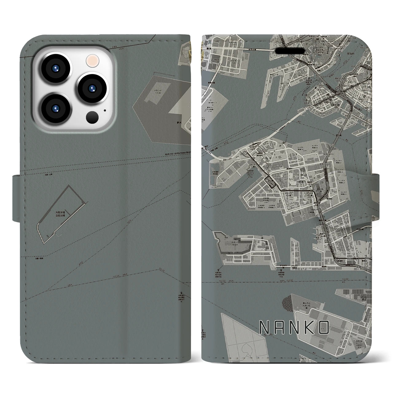 【南港(大阪府)】地図柄iPhoneケース(手帳タイプ)モノトーン・iPhone 13 Pro 用