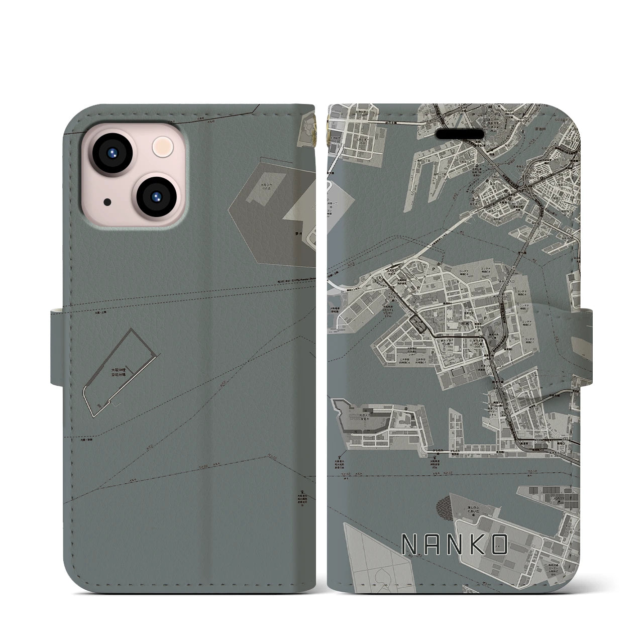 【南港(大阪府)】地図柄iPhoneケース(手帳タイプ)モノトーン・iPhone 13 mini 用