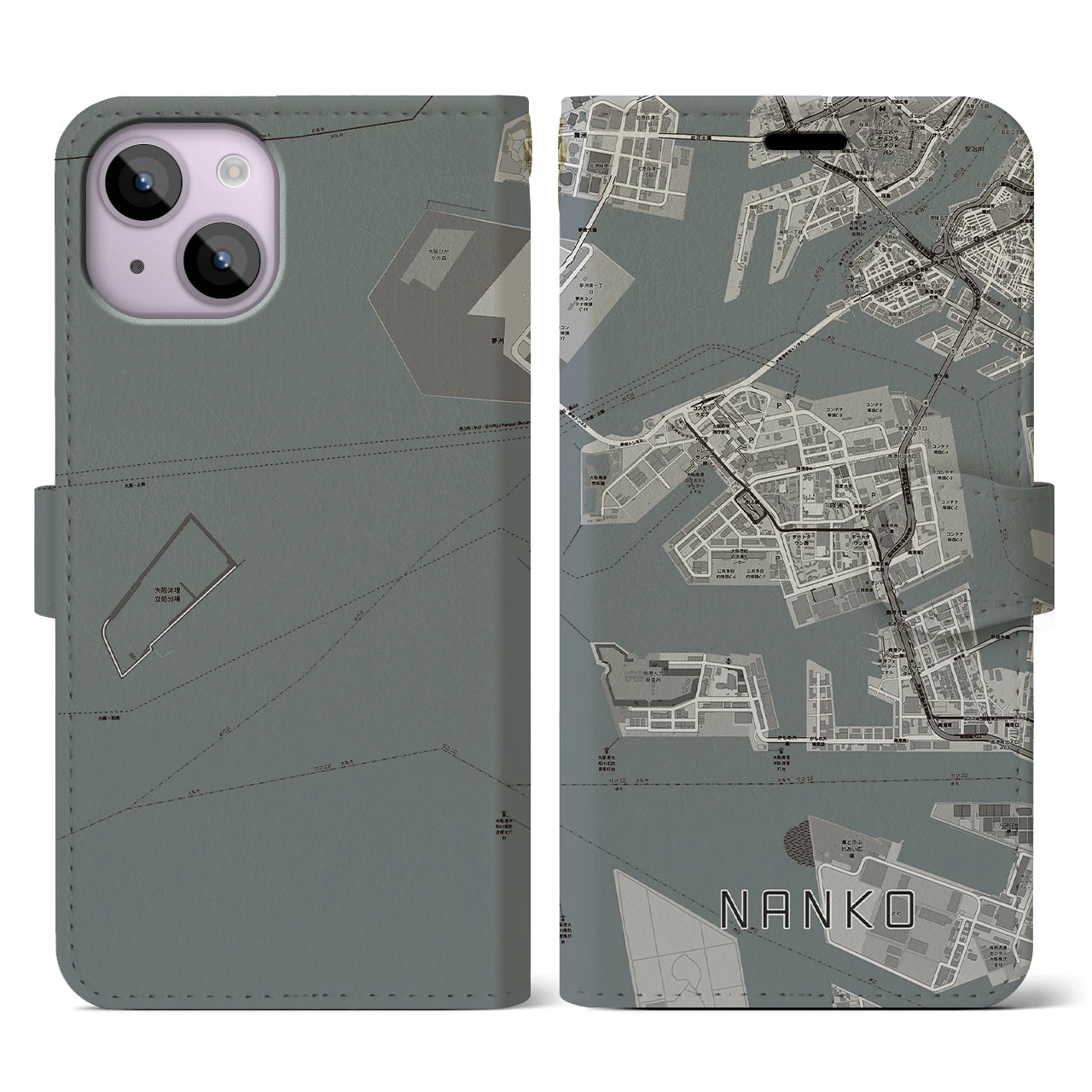 【南港(大阪府)】地図柄iPhoneケース(手帳タイプ)モノトーン・iPhone 14 用