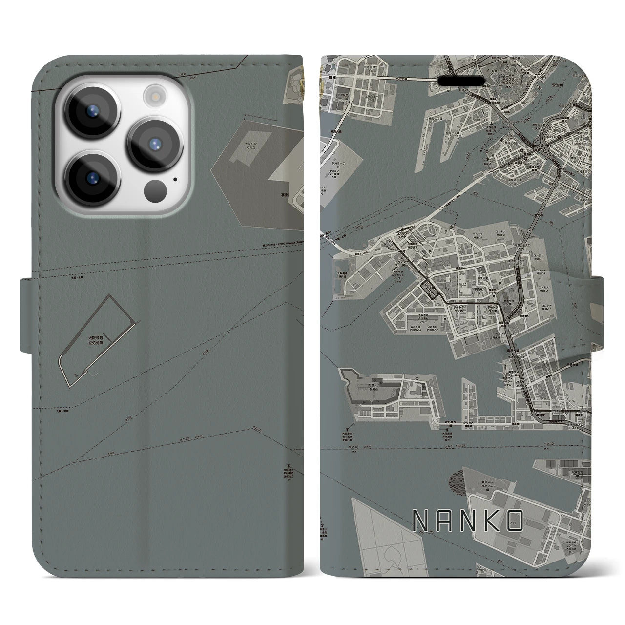【南港(大阪府)】地図柄iPhoneケース(手帳タイプ)モノトーン・iPhone 14 Pro 用