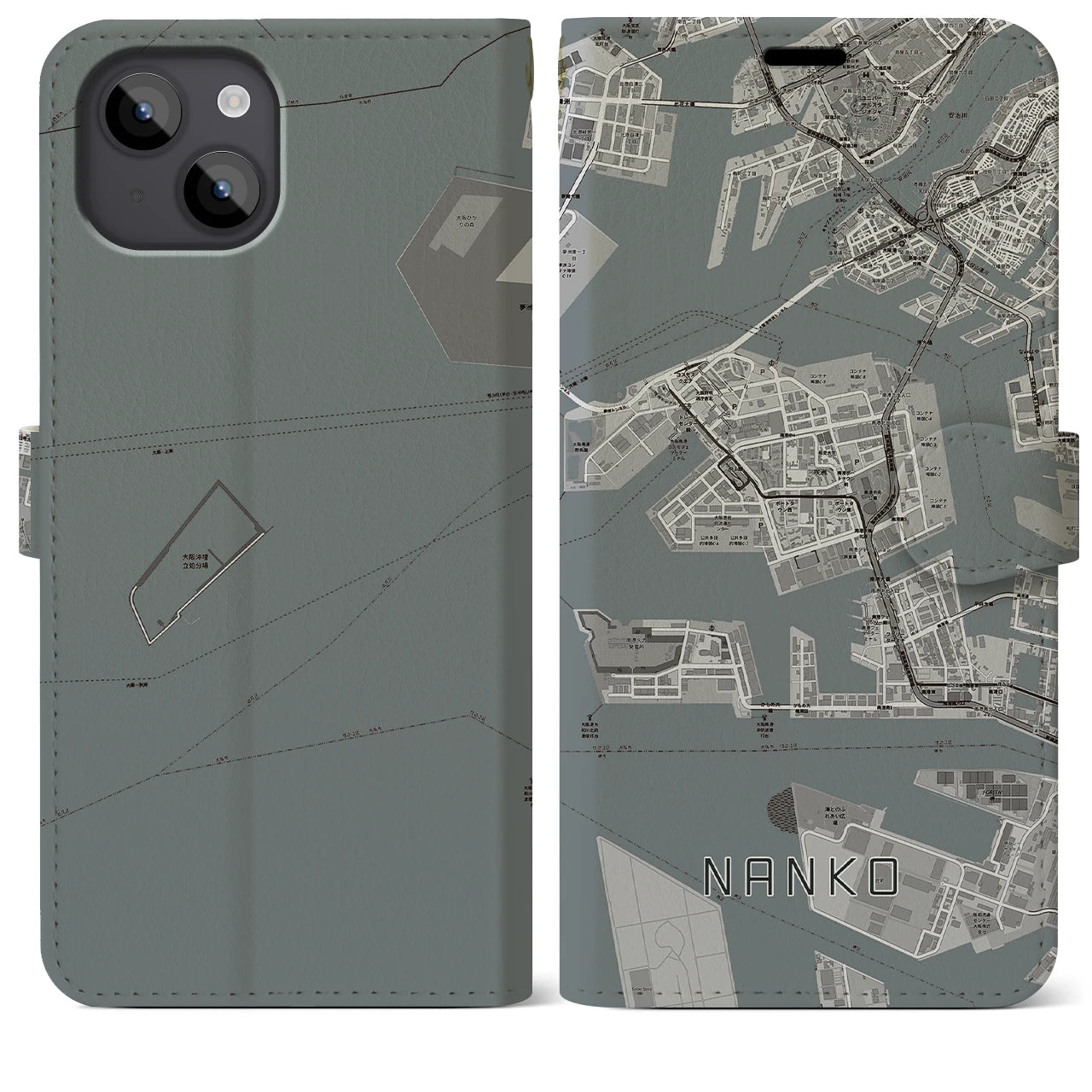 【南港(大阪府)】地図柄iPhoneケース(手帳タイプ)モノトーン・iPhone 14 Plus 用