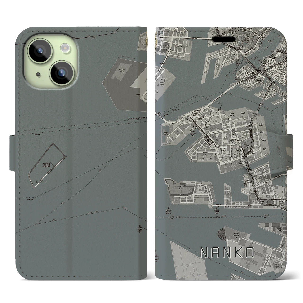 【南港(大阪府)】地図柄iPhoneケース(手帳タイプ)モノトーン・iPhone 15 用
