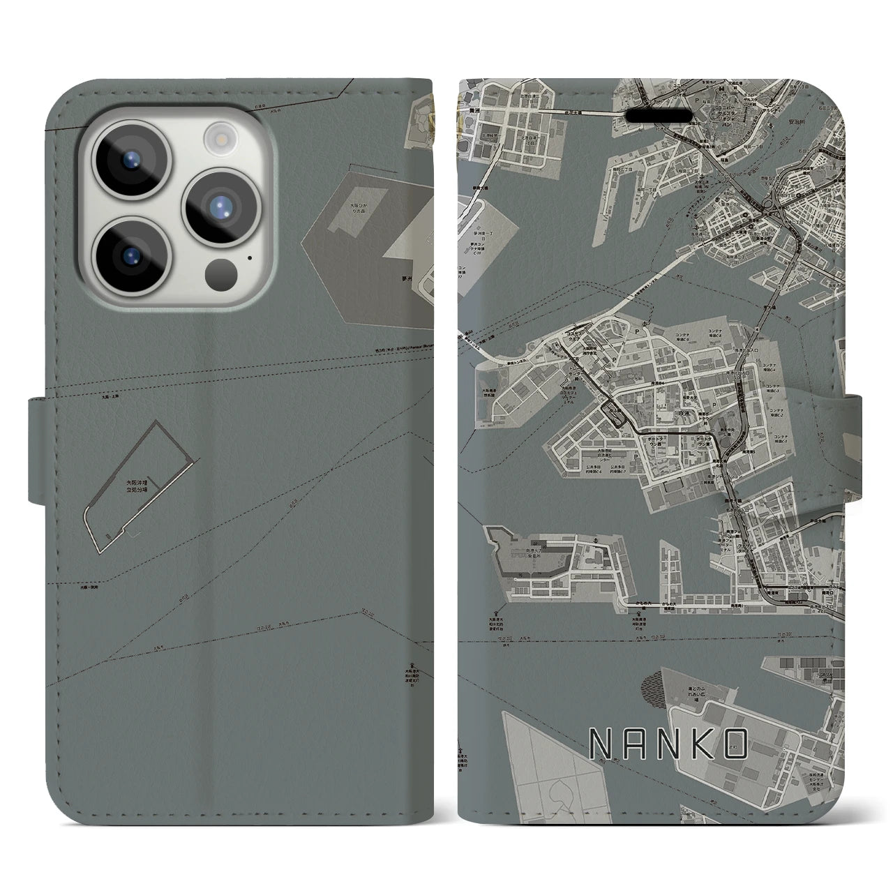 【南港(大阪府)】地図柄iPhoneケース(手帳タイプ)モノトーン・iPhone 15 Pro 用