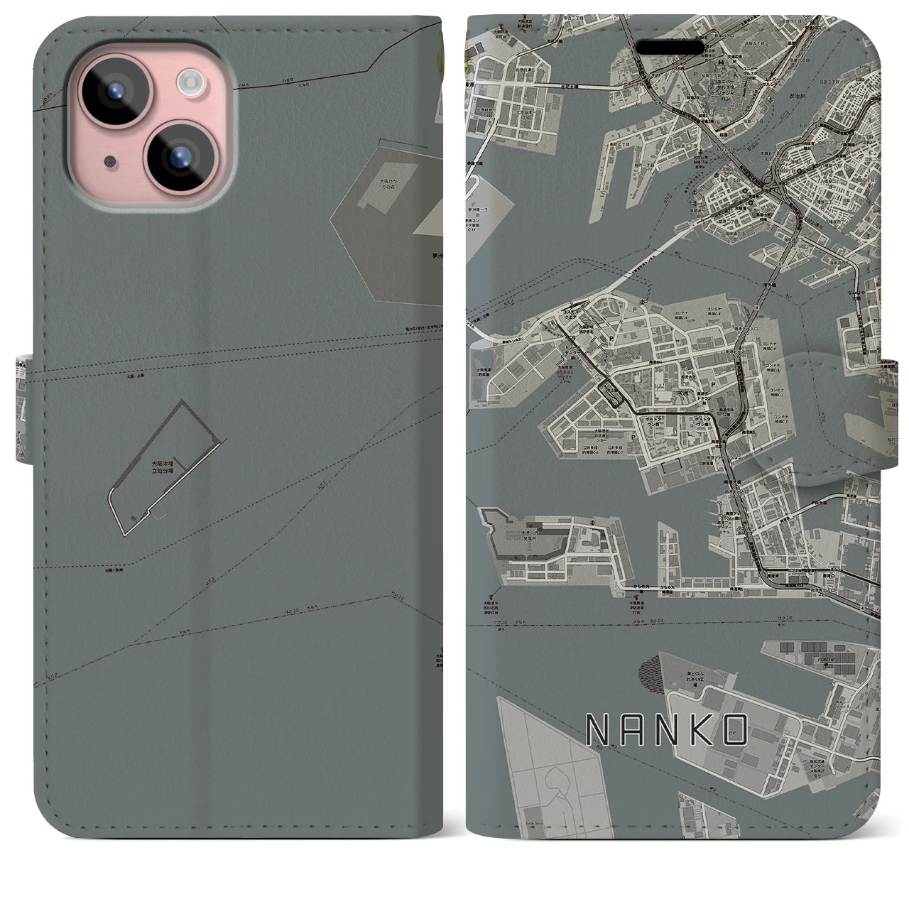 【南港(大阪府)】地図柄iPhoneケース(手帳タイプ)モノトーン・iPhone 15 Plus 用