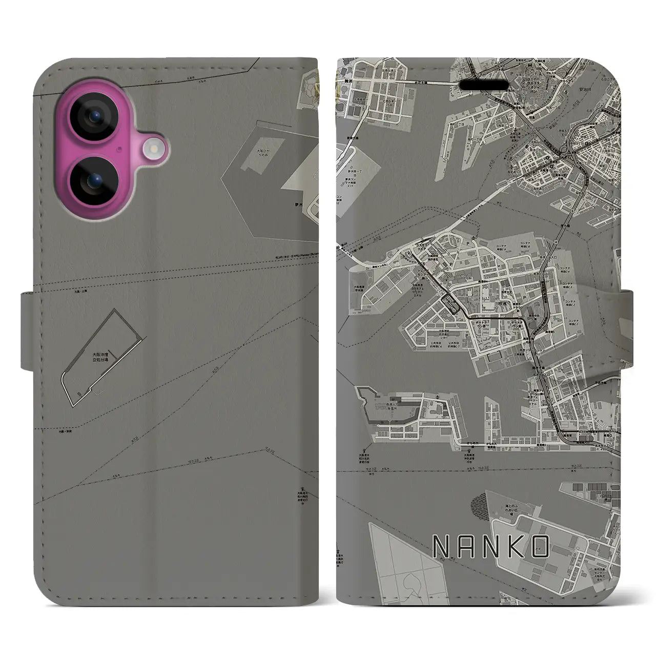 【南港(大阪府)】地図柄iPhoneケース(手帳タイプ)モノトーン・iPhone 16 Pro 用