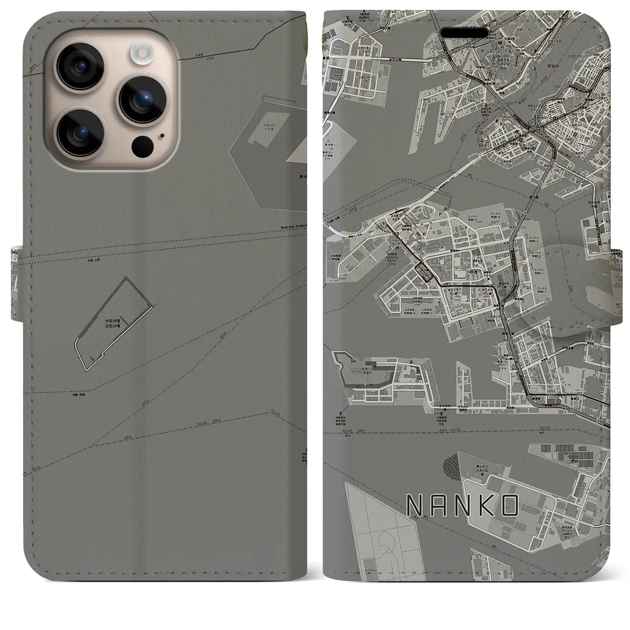 【南港(大阪府)】地図柄iPhoneケース(手帳タイプ)モノトーン・iPhone 16 Plus 用