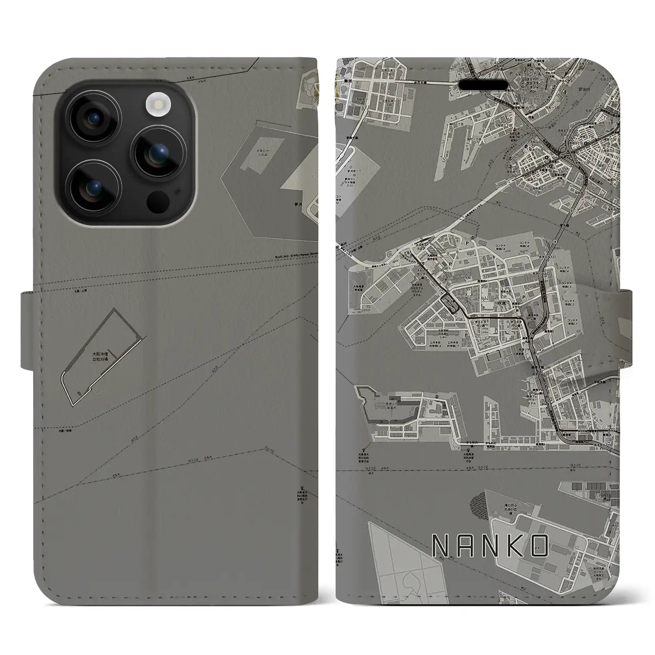 【南港(大阪府)】地図柄iPhoneケース(手帳タイプ)モノトーン・iPhone 16 用