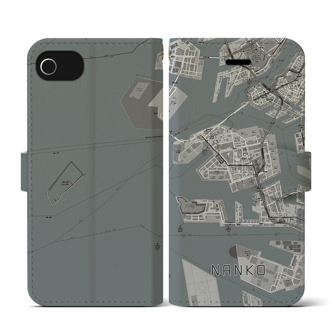 【南港(大阪府)】地図柄iPhoneケース(手帳タイプ)モノトーン・iPhone SE(第3 / 第2世代) / 8 / 7 / 6s / 6 用