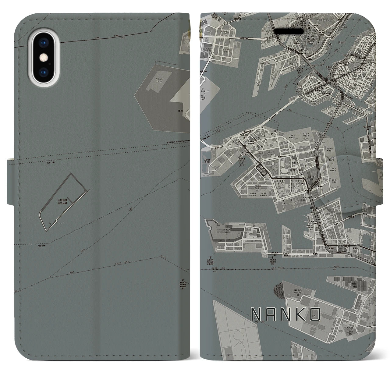 【南港(大阪府)】地図柄iPhoneケース(手帳タイプ)モノトーン・iPhone XS Max 用