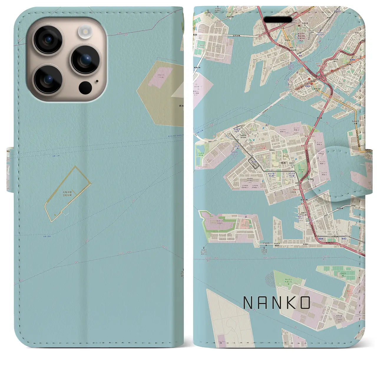 【南港(大阪府)】地図柄iPhoneケース(手帳タイプ)ナチュラル・iPhone 16 Plus 用
