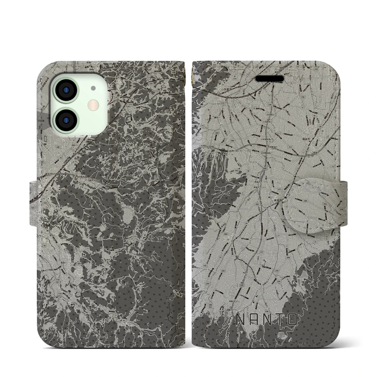 【南砺(富山県)】地図柄iPhoneケース(手帳タイプ)モノトーン・iPhone 12 mini 用