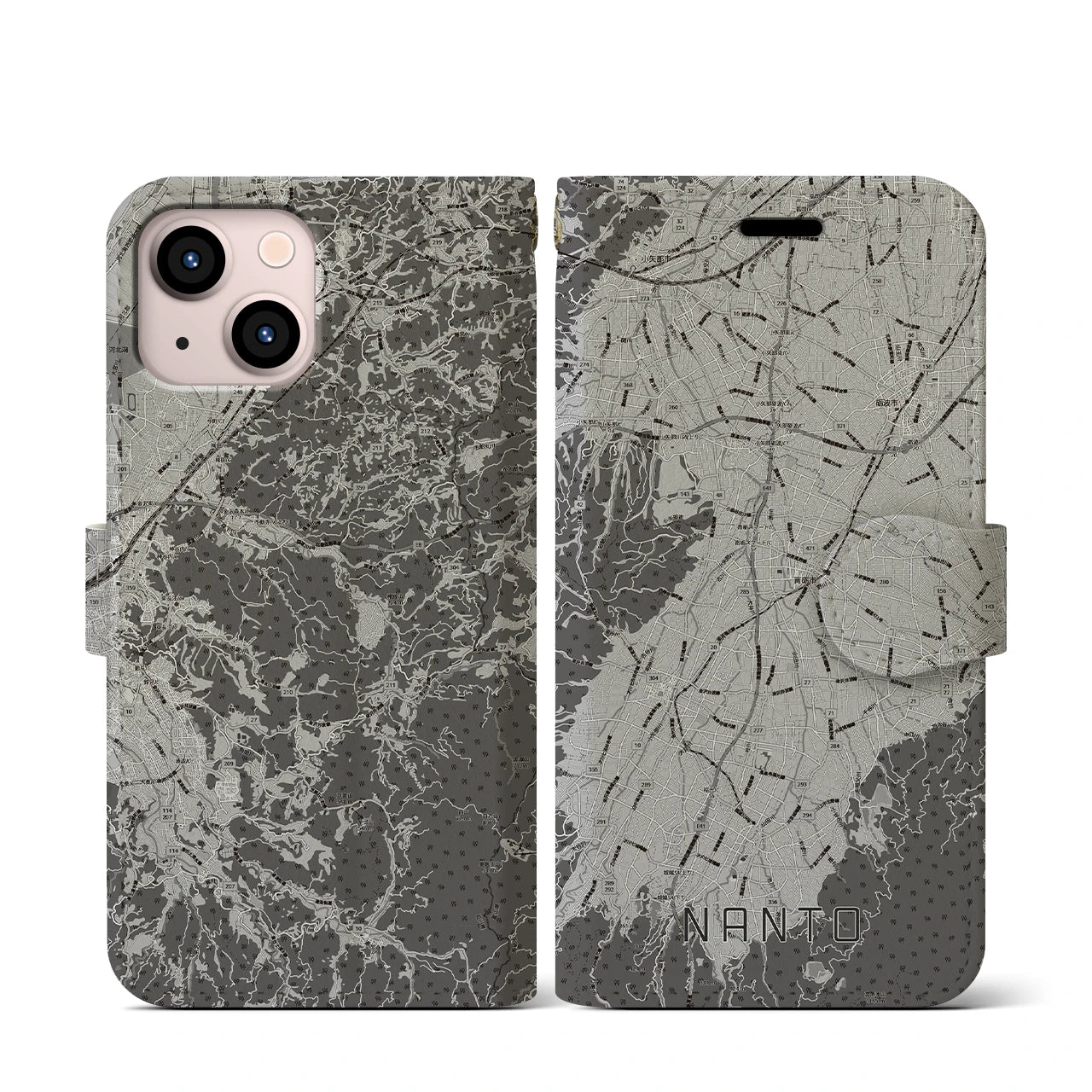 【南砺(富山県)】地図柄iPhoneケース(手帳タイプ)モノトーン・iPhone 13 mini 用