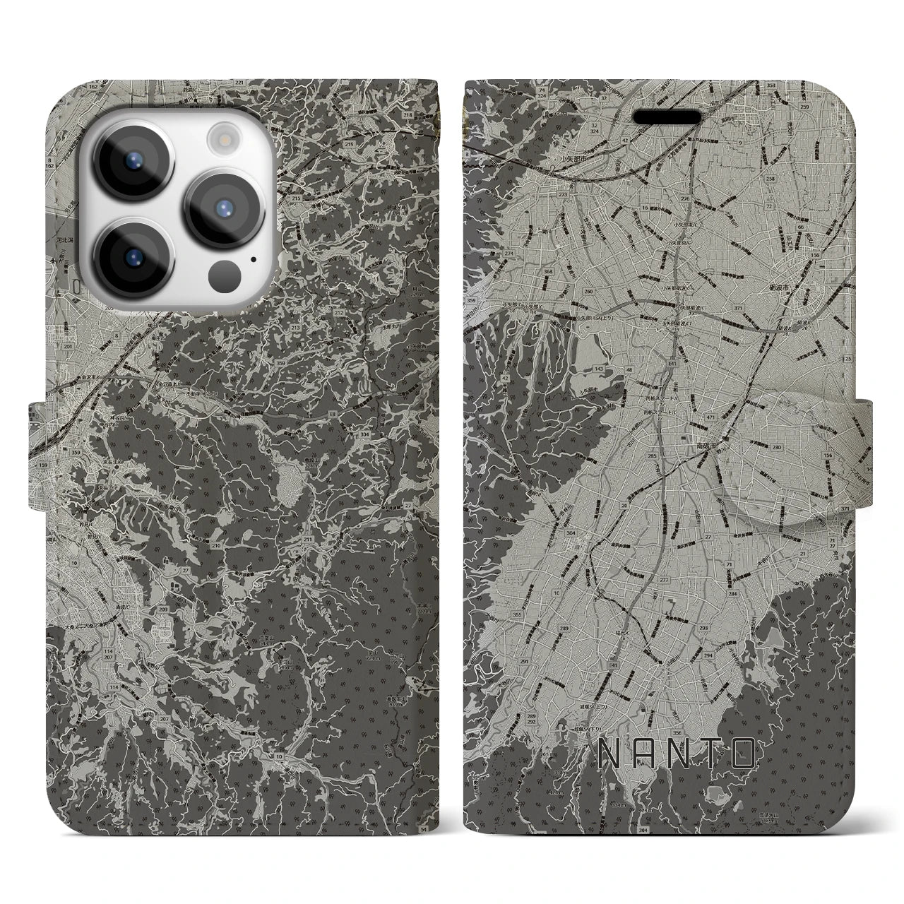 【南砺(富山県)】地図柄iPhoneケース(手帳タイプ)モノトーン・iPhone 14 Pro 用