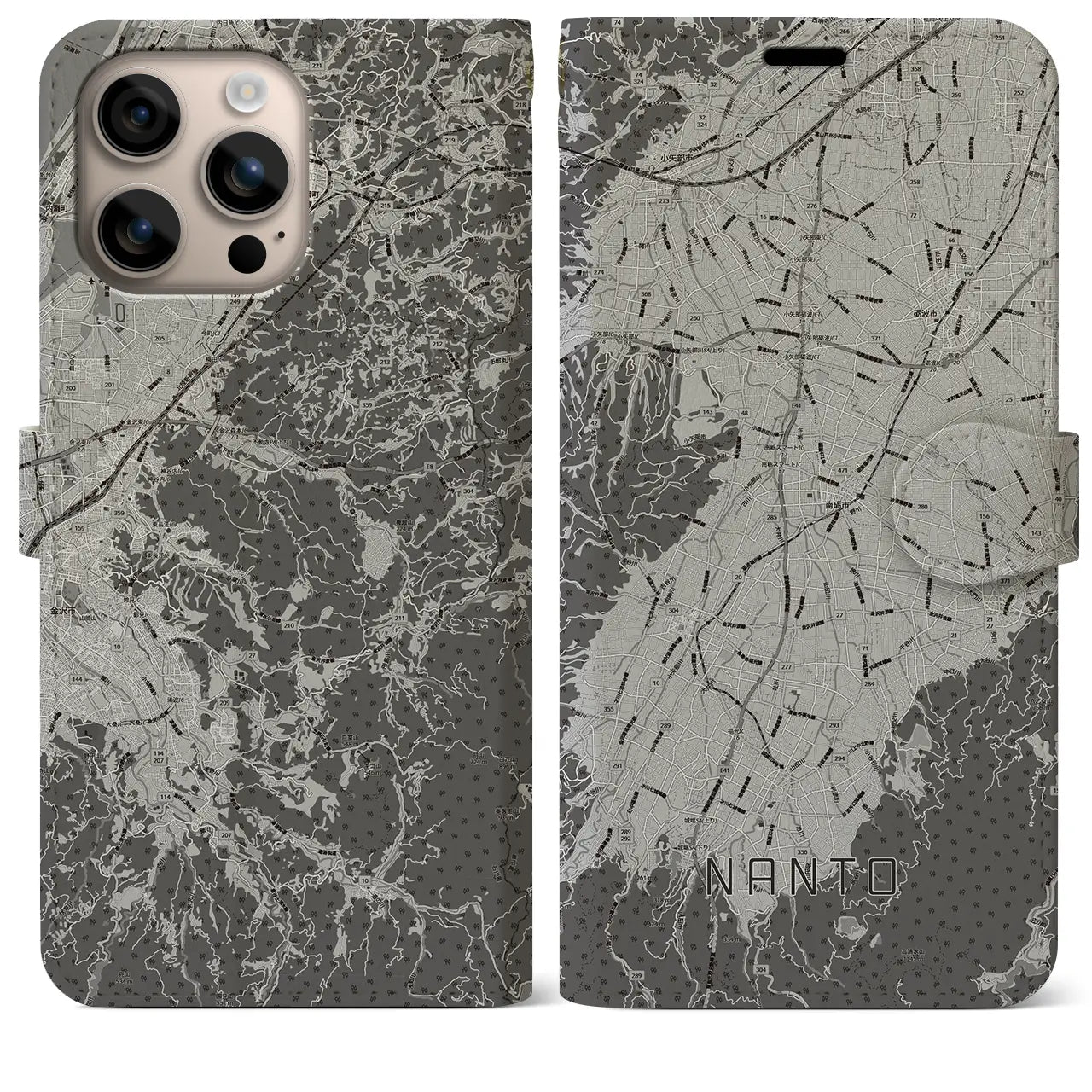 【南砺(富山県)】地図柄iPhoneケース(手帳タイプ)モノトーン・iPhone 16 Plus 用