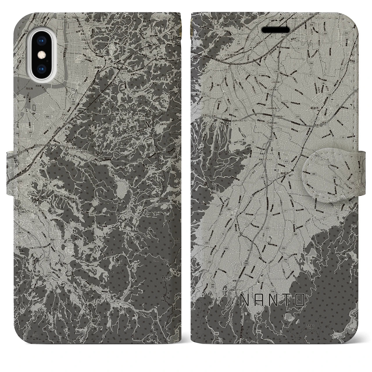 【南砺(富山県)】地図柄iPhoneケース(手帳タイプ)モノトーン・iPhone XS Max 用