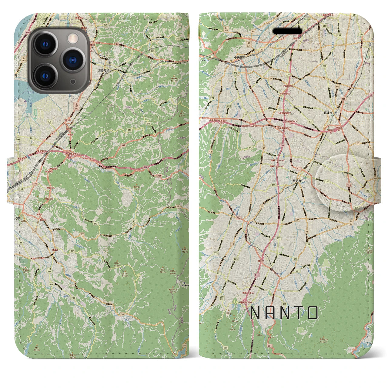 【南砺(富山県)】地図柄iPhoneケース(手帳タイプ)ナチュラル・iPhone 11 Pro Max 用