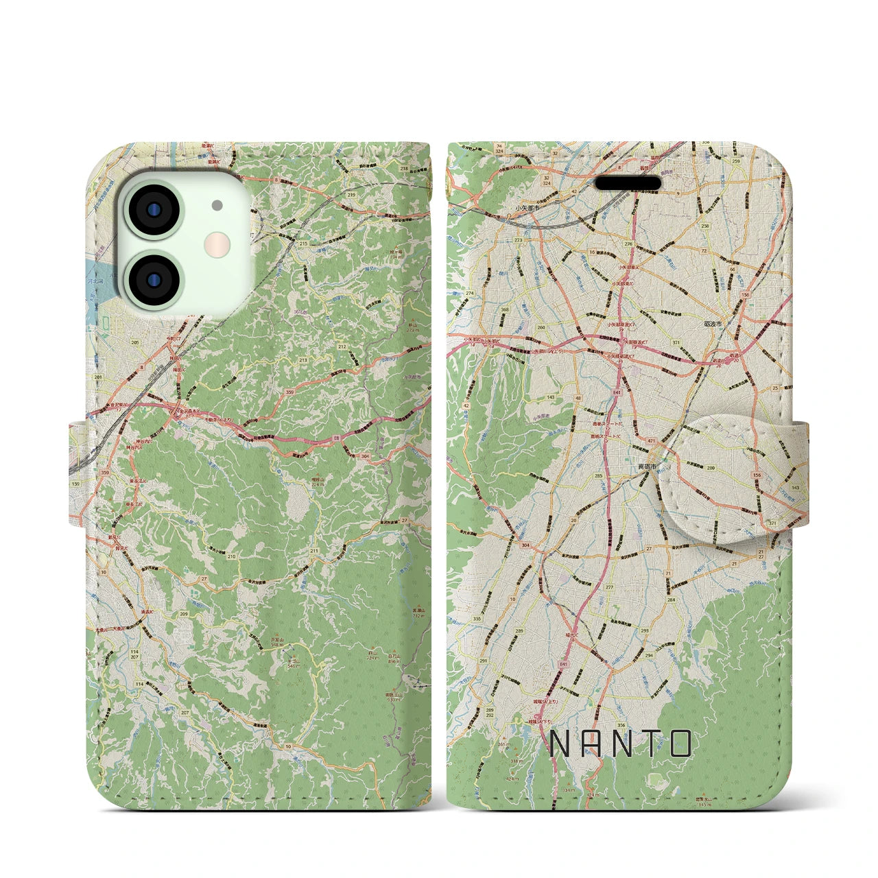 【南砺(富山県)】地図柄iPhoneケース(手帳タイプ)ナチュラル・iPhone 12 mini 用