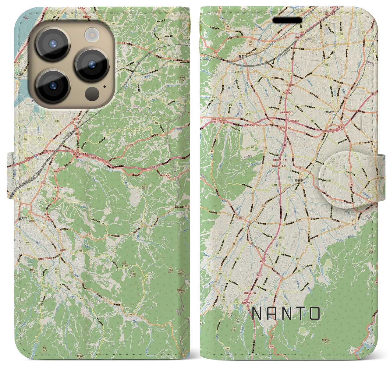 【南砺(富山県)】地図柄iPhoneケース(手帳タイプ)ナチュラル・iPhone 14 Pro Max 用