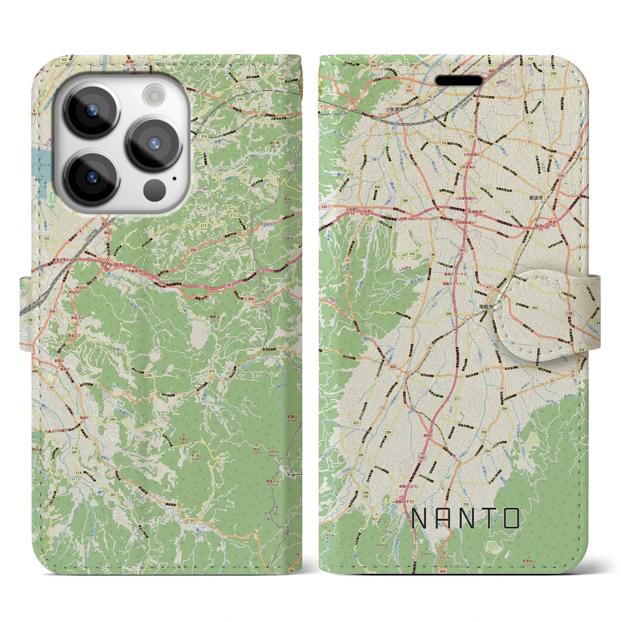【南砺(富山県)】地図柄iPhoneケース(手帳タイプ)ナチュラル・iPhone 14 Pro 用