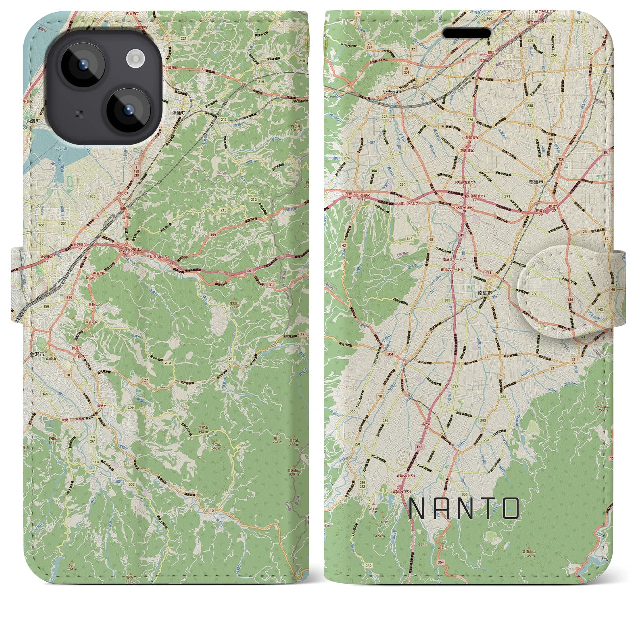 【南砺(富山県)】地図柄iPhoneケース(手帳タイプ)ナチュラル・iPhone 14 Plus 用