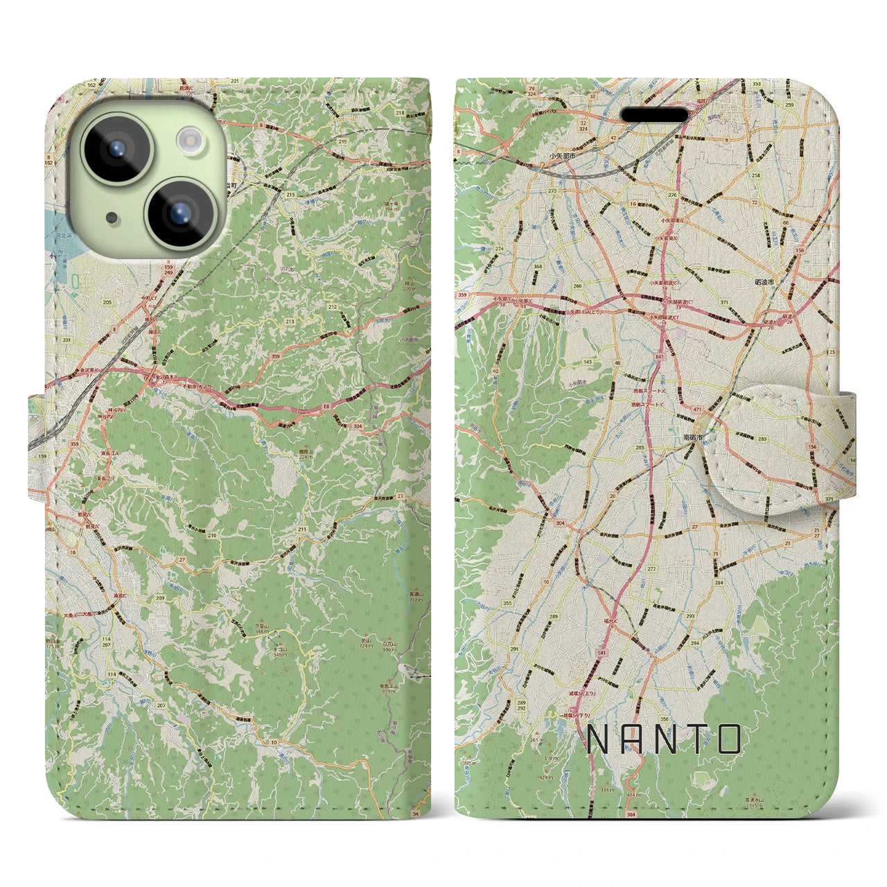 【南砺(富山県)】地図柄iPhoneケース(手帳タイプ)ナチュラル・iPhone 15 用