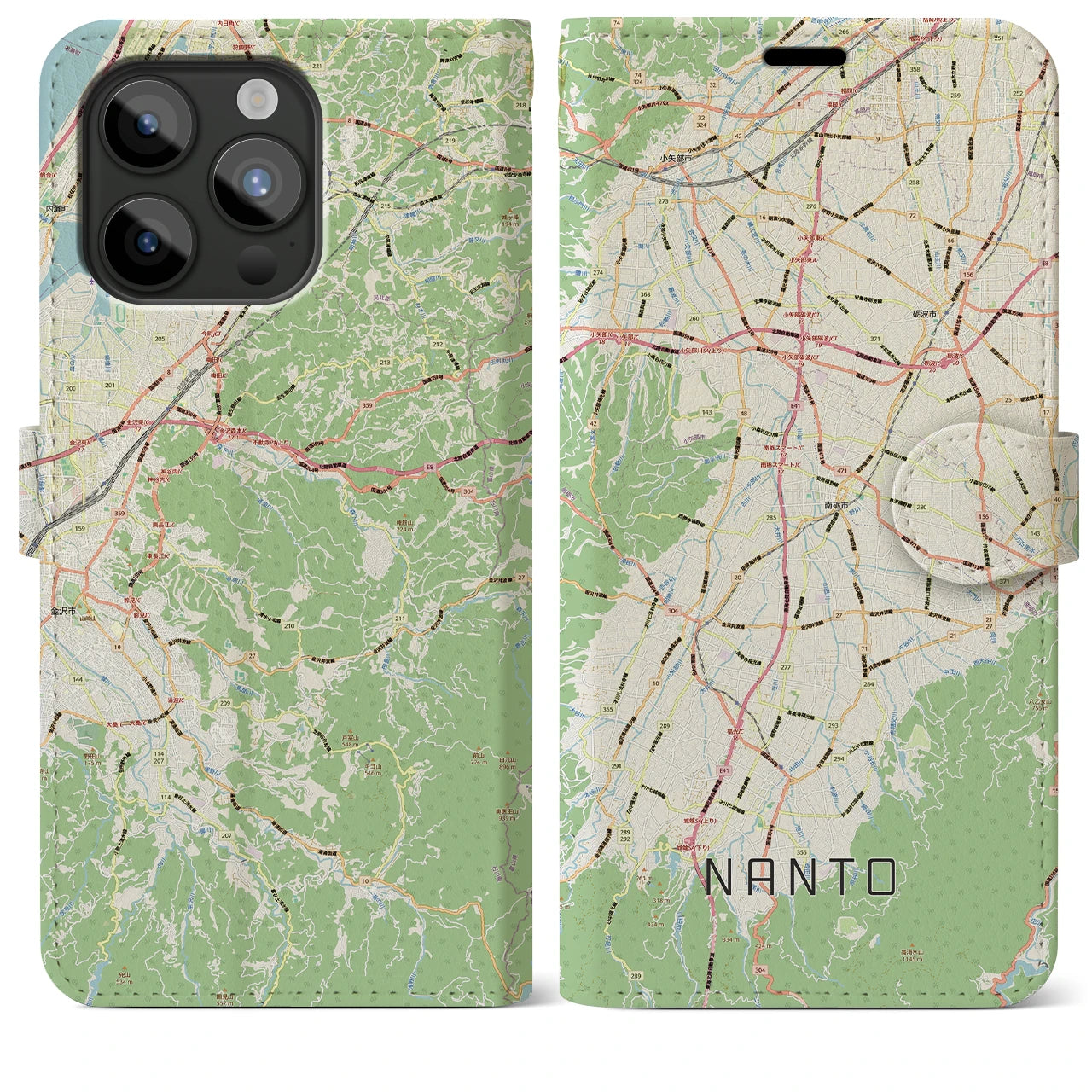 【南砺(富山県)】地図柄iPhoneケース(手帳タイプ)ナチュラル・iPhone 15 Pro Max 用