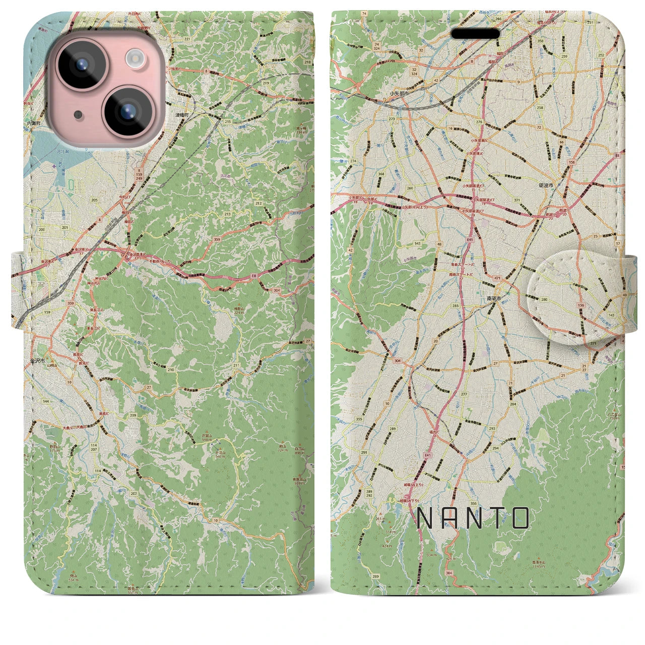 【南砺(富山県)】地図柄iPhoneケース(手帳タイプ)ナチュラル・iPhone 15 Plus 用