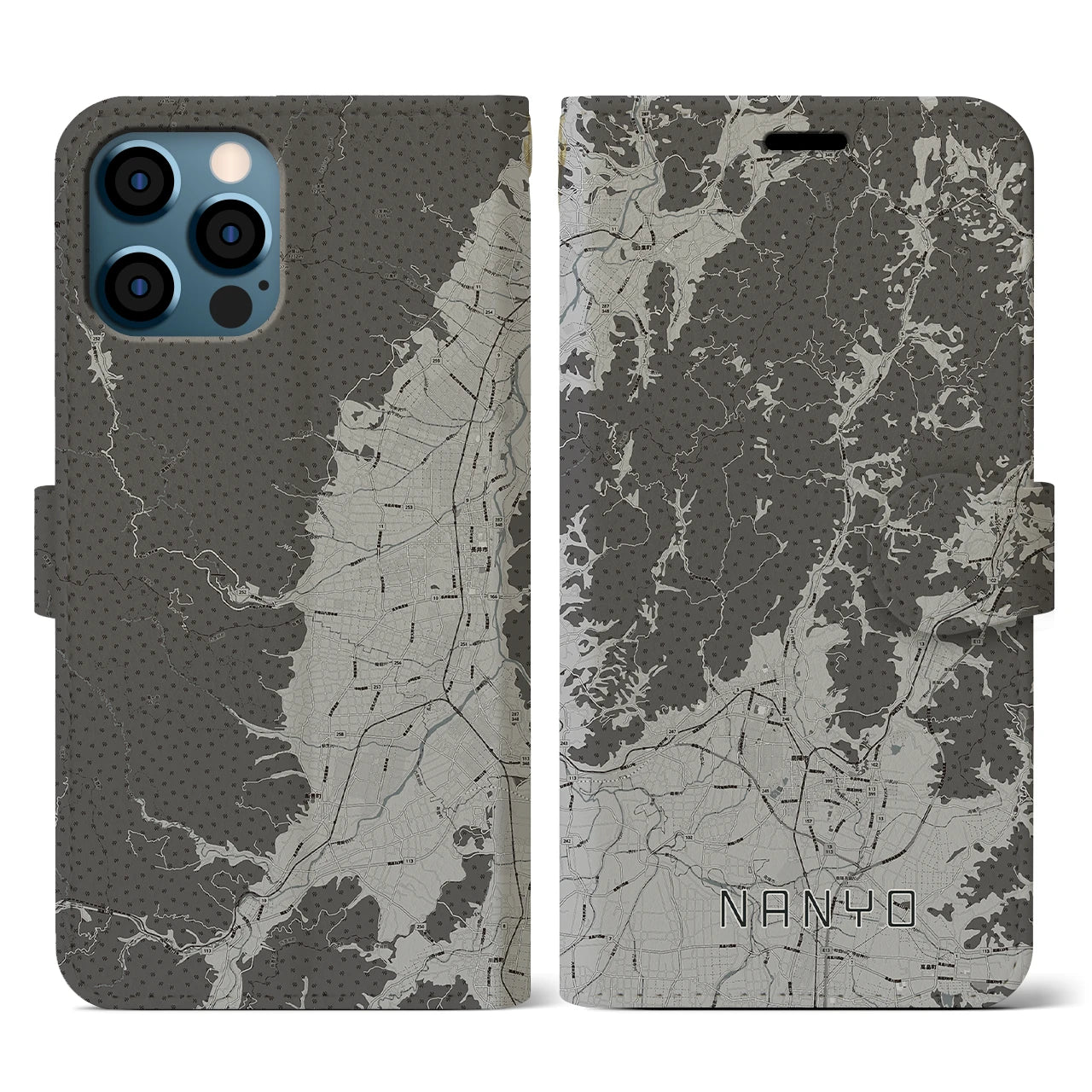 【南陽(山形県)】地図柄iPhoneケース(手帳タイプ)モノトーン・iPhone 12 / 12 Pro 用