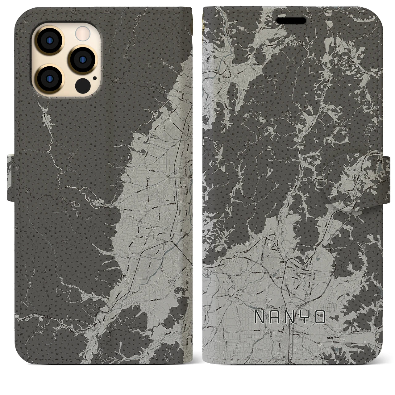 【南陽(山形県)】地図柄iPhoneケース(手帳タイプ)モノトーン・iPhone 12 Pro Max 用
