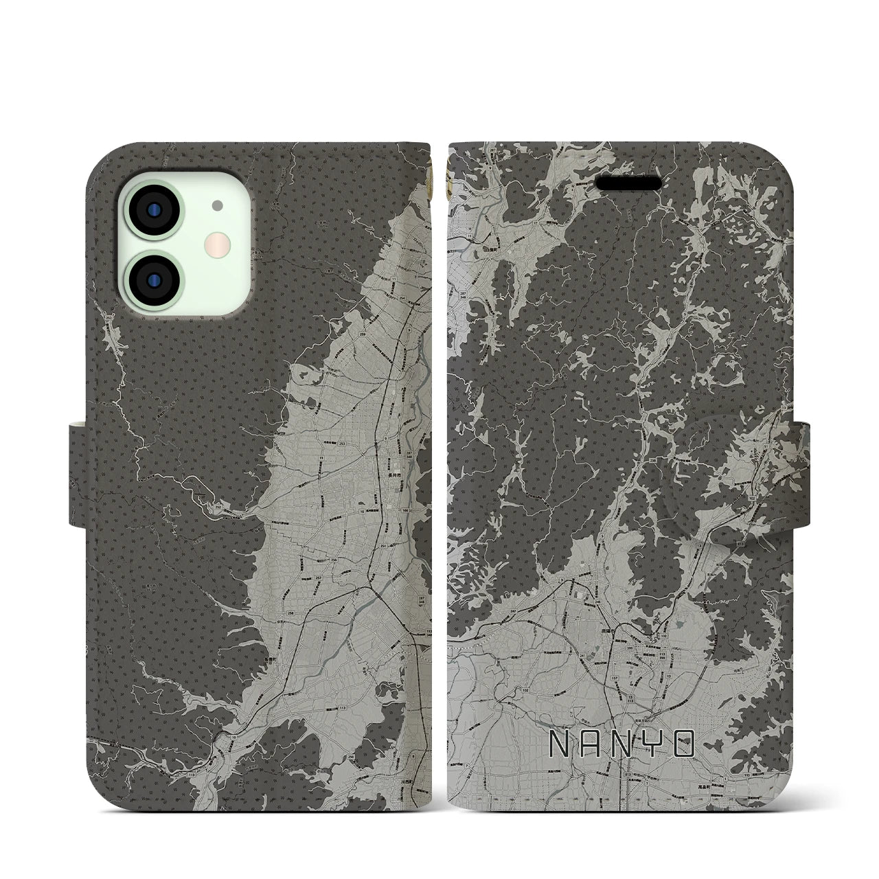 【南陽(山形県)】地図柄iPhoneケース(手帳タイプ)モノトーン・iPhone 12 mini 用