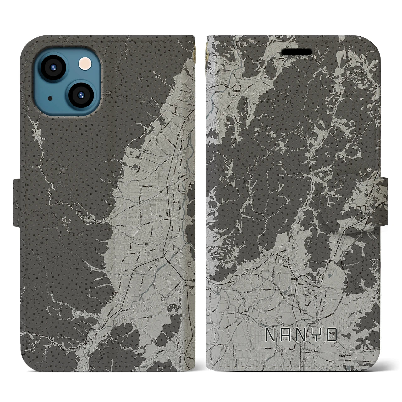 【南陽(山形県)】地図柄iPhoneケース(手帳タイプ)モノトーン・iPhone 13 用