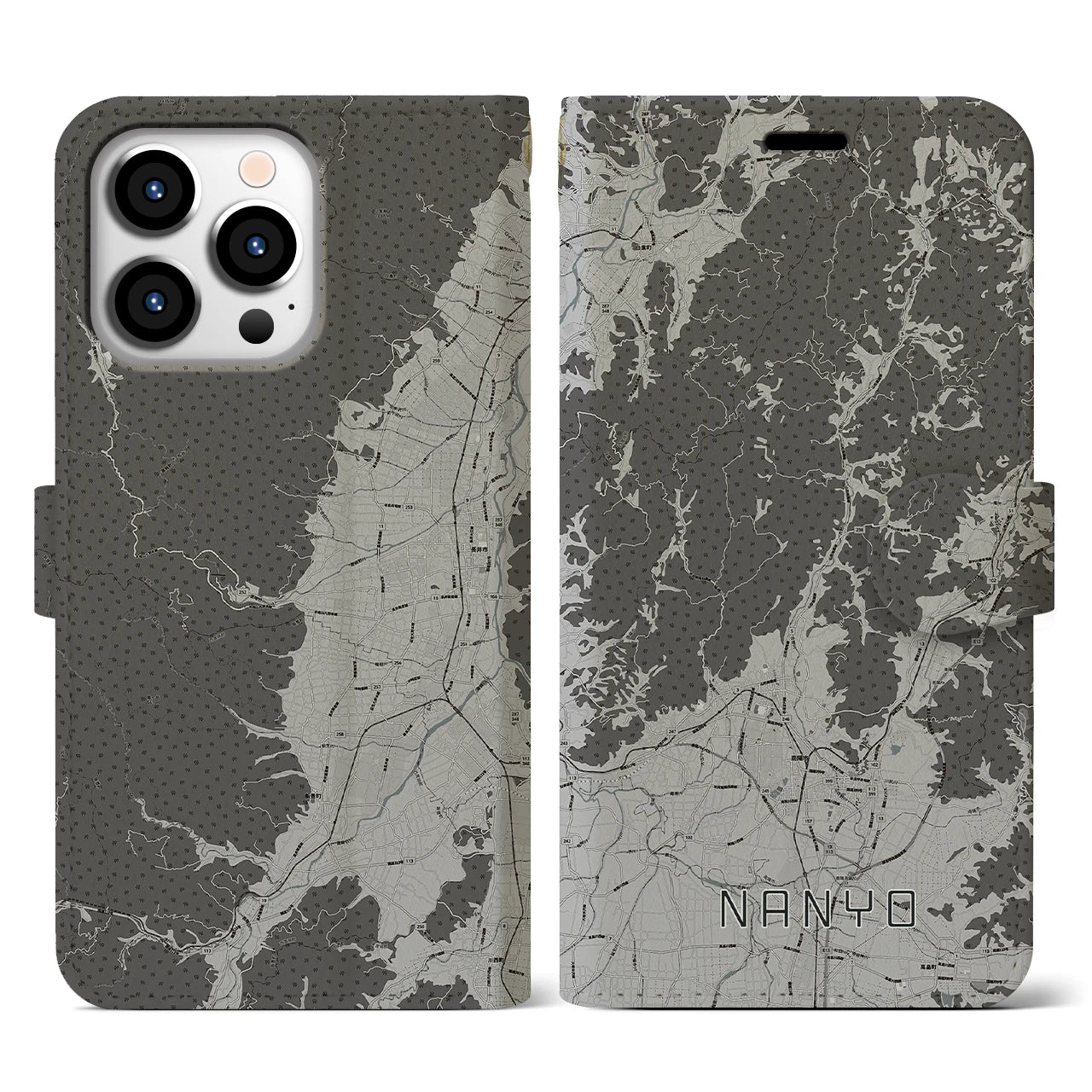 【南陽(山形県)】地図柄iPhoneケース(手帳タイプ)モノトーン・iPhone 13 Pro 用