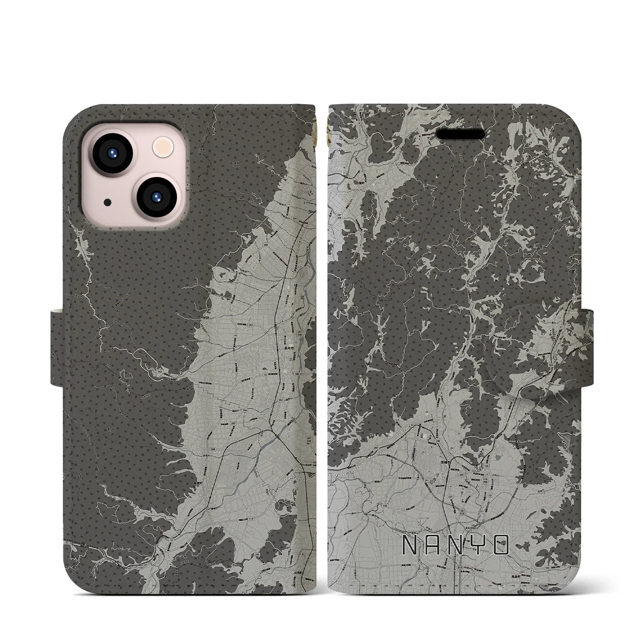 【南陽(山形県)】地図柄iPhoneケース(手帳タイプ)モノトーン・iPhone 13 mini 用